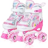 Nattork Girls Roller Skates for Kids, 4 Size Adjustable Rainbow Quad Skates with All Light Up Wheels - Best Birthday Gift for Outdoor Sports