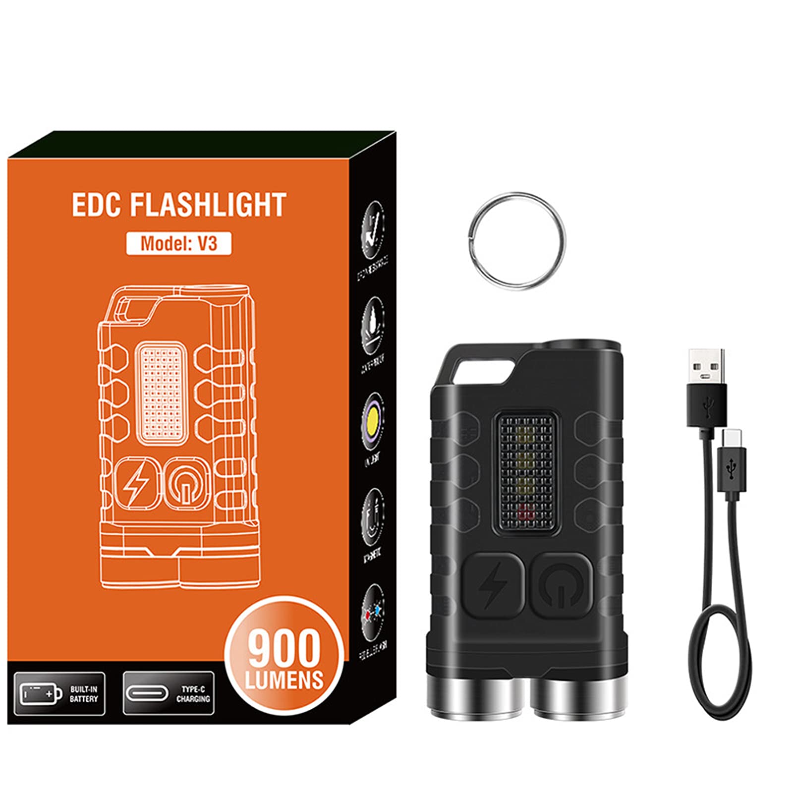 Aedcbaide Torches Led Super Bright Rechargeable Torch, 900 Lumens Small Torch Mini Flashlight V3 LED Keyring Torch with Cap Clip, IP65 Waterproof USB Rechargeable with 12 Modes for Camping Tail Magnet