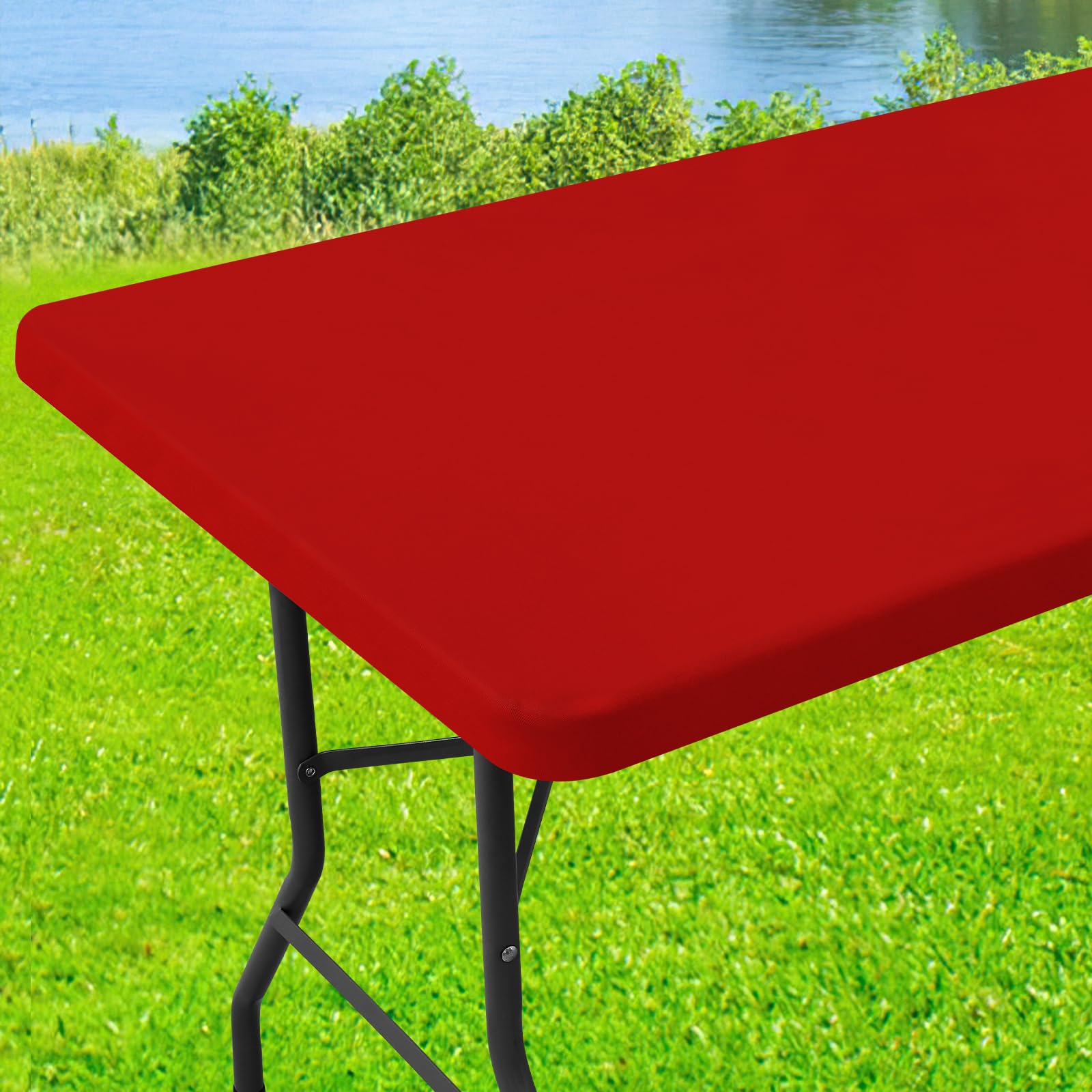 Photo 1 of Moosfor Spandex 6 Foot Rectangle Christmas Table Cloth, Elastic Fitted Tablecloths for Picnic, Stretch Washable Patio Table Cover for Outdoor, Camping, Banquet and Parties (Red, 30"x72")