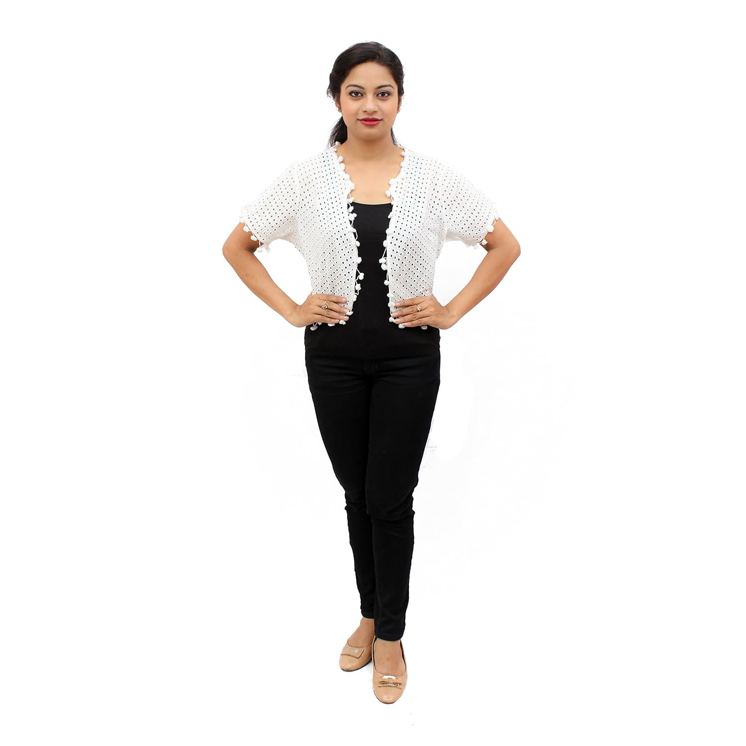 rivi designer white cotton half-sleeves women's shrug top (rv043)