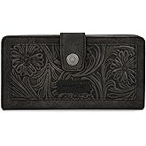 Montana West X Wrangler Black Tooling Flower Wallet for Women Bifold Zipper Wallets, Card Cases & Money Organizers Large Capacity Phone Cash Wallet Ladies Female Western Clutch Wallets with ID Window