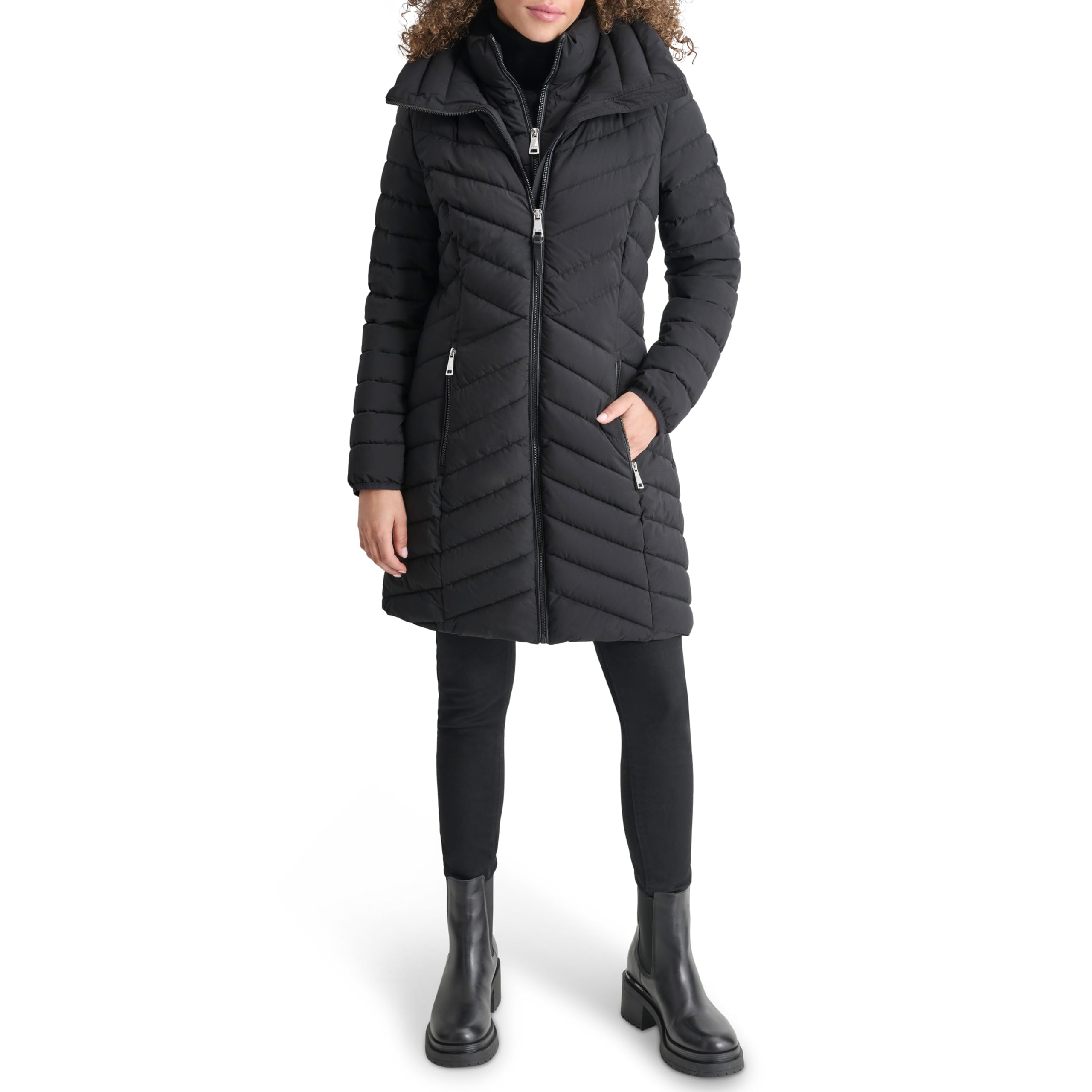 DKNY Women’s Bib-Front Light-Weight Puffer, Black