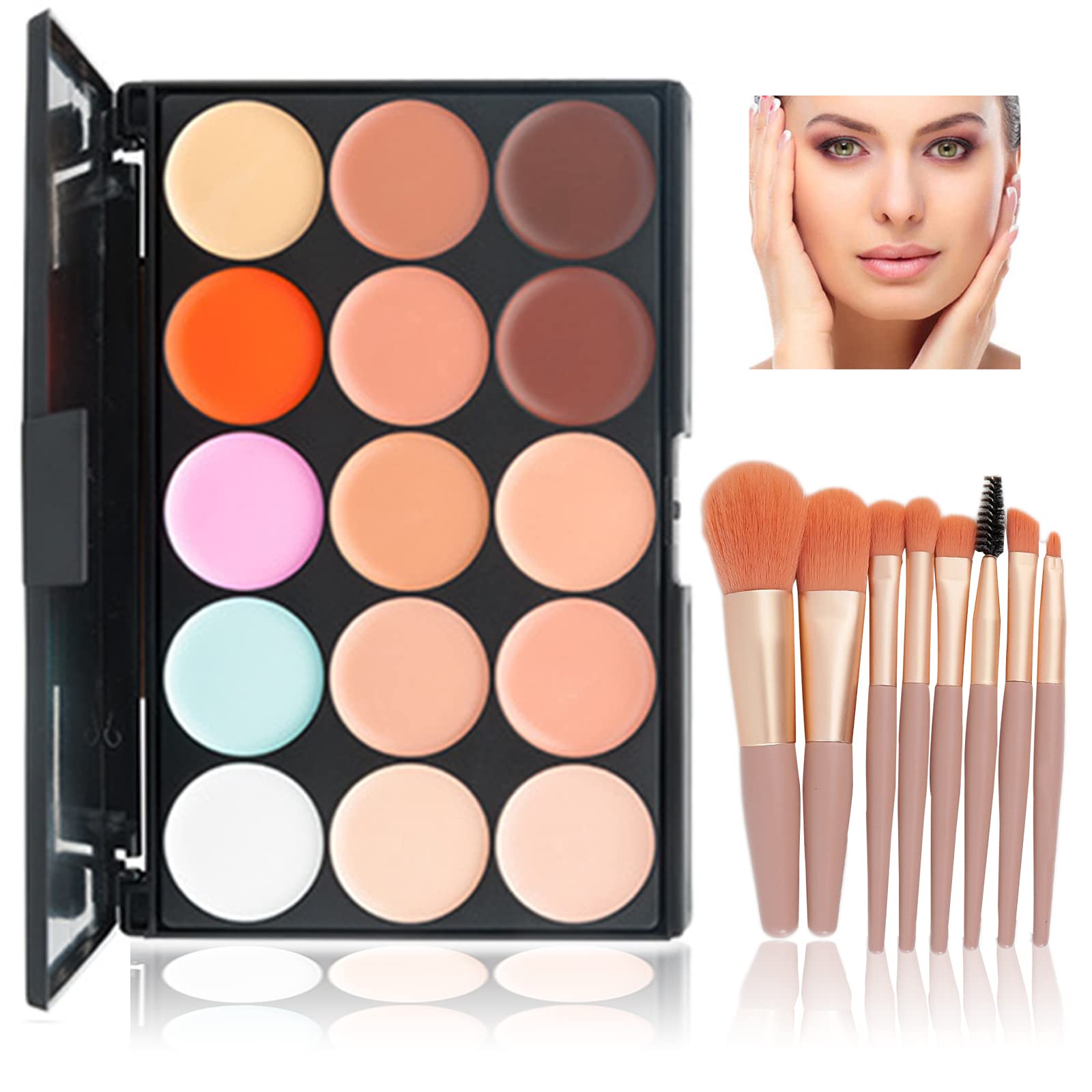 WishesMar Colour Corrector Makeup Palette 15 Colors Concealer Cream Kit with 8 Pcs Makeup Brushes for Professional and Daily Use #C