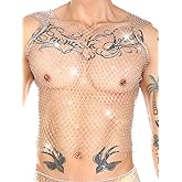 Kaei&Shi Rhinestone Mens Tank Tops Sheer Mesh See Through Fishnet Sparkly Rave Outfit Festival Crop Men Shirt Sexy Club Party