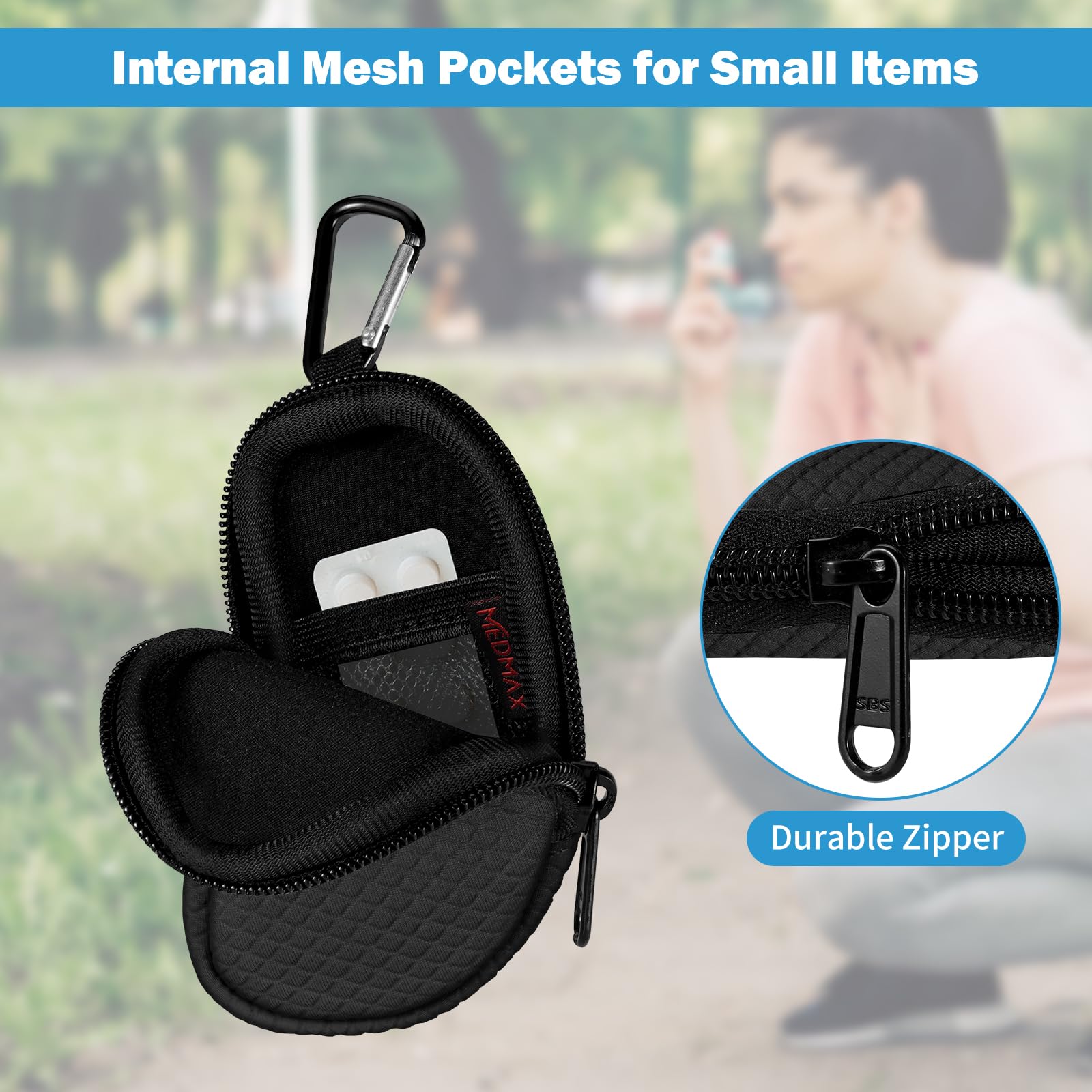 Neoprene Asthma Inhaler Holder, Protective Portable Travel Handy Holster, Lightweight Carrying Case with Carabiner Clip and Mesh Pocket Inside, Inhaler Not Included (Case Only) (Black)
