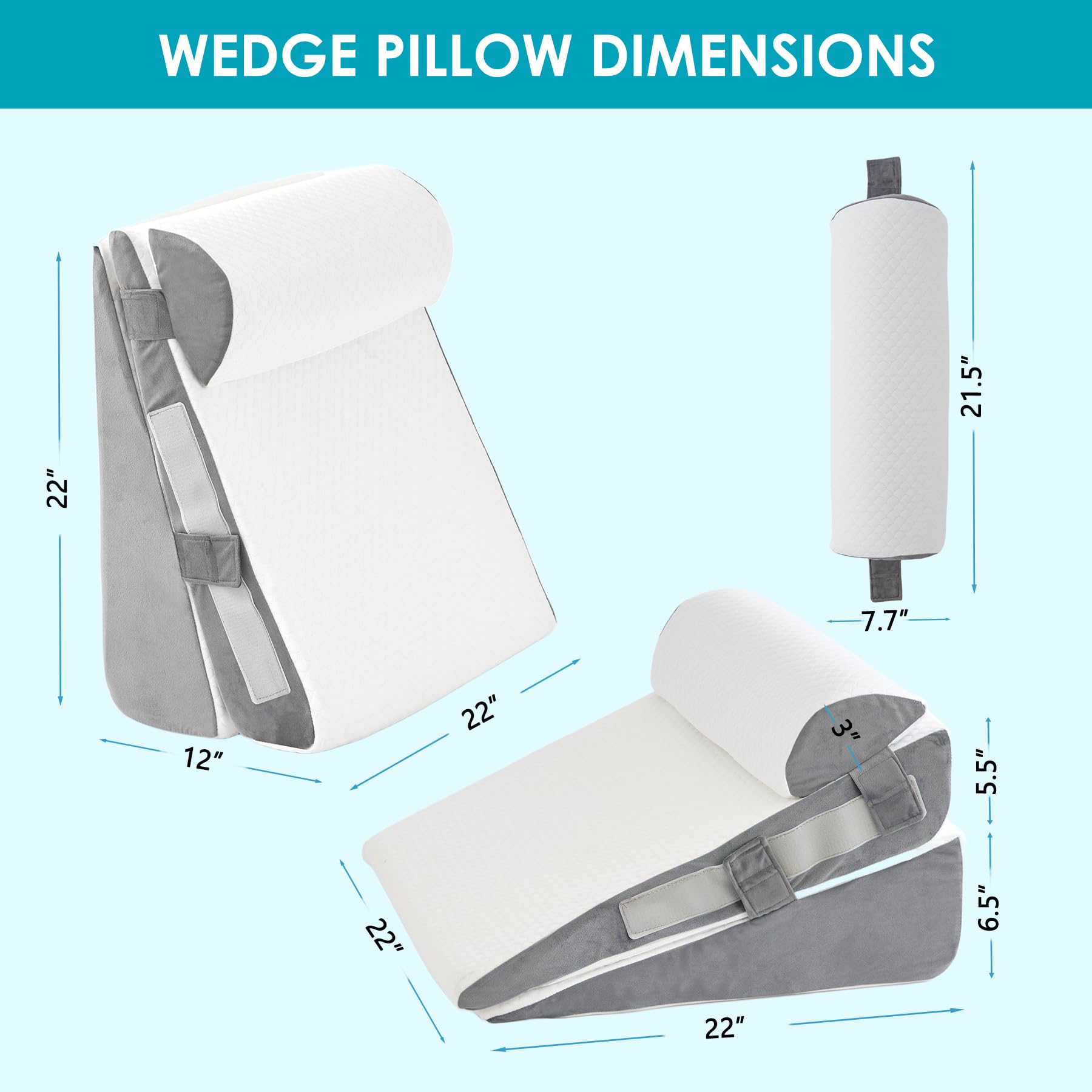 WGAKCED 3Pcs Wedge Pillow Set for After Surgery,Acid Reflux Relief, Adjustable Bed Wedge Pillows for Sleeping,Anti Snore, Memory Foam Triangle Pillow for Back&Neck&Shoulder Pain Relief, White&Grey