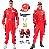 Race Car Driver Costume for Men Women Racing Jumpsuit with Hat Sunglasses Gloves Halloween Adult Racer Outfit