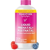 Pink Stork Prenatal + Postnatal Liquid Multivitamin for Women | 1 Month | Preconception and Breastfeeding Friendly | Whole-Food Blend | Methylated Folate | Easy-to-Take | Morning Sickness Support |