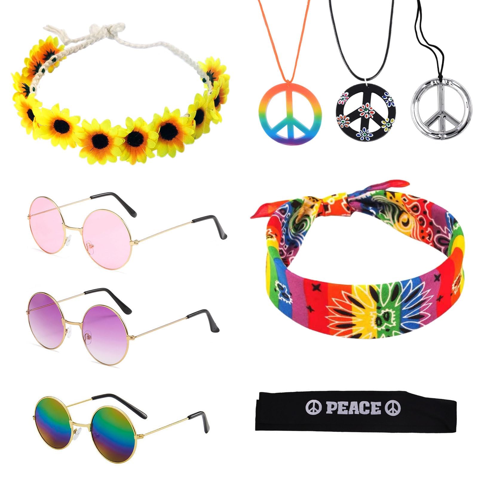 TSHAOUN 9 Pcs Hippie Costume Set,Including Round Sunglasses Peace Sign Necklace Sunflower Necklace and Colorful Bohemian Headband for 70s 80s Retro Hippie Dressing Accessories Party Supplies (9 Pcs)