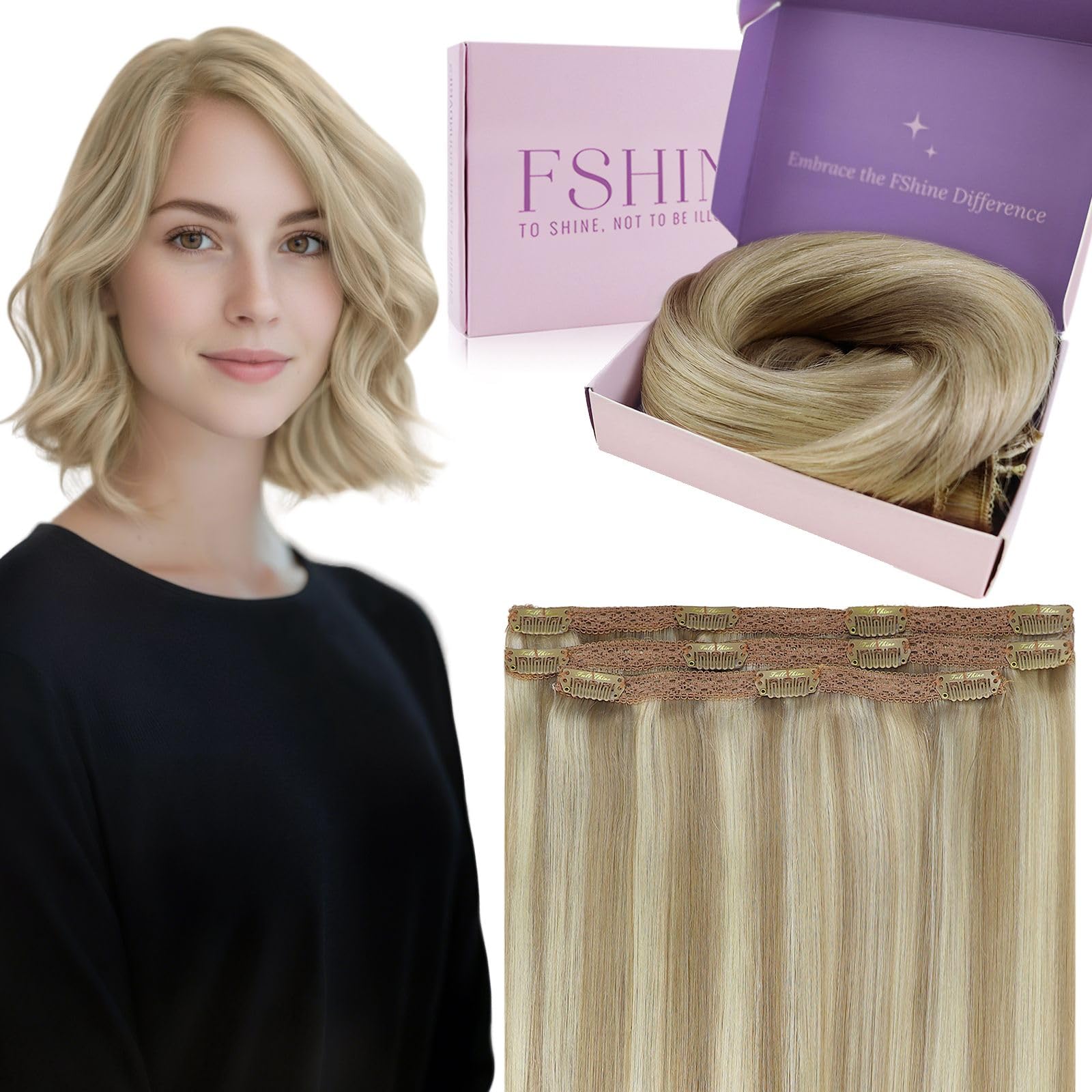 Fshine Human Hair Extension Clip in Bionde Dark Ash Blonde Highlighted Golden Blonde Clip in Hair Extensions Real Human Hair Blonde Clip in Hair Extensions Real Human Hair 50g 12 Inch 3Pcs — image 1