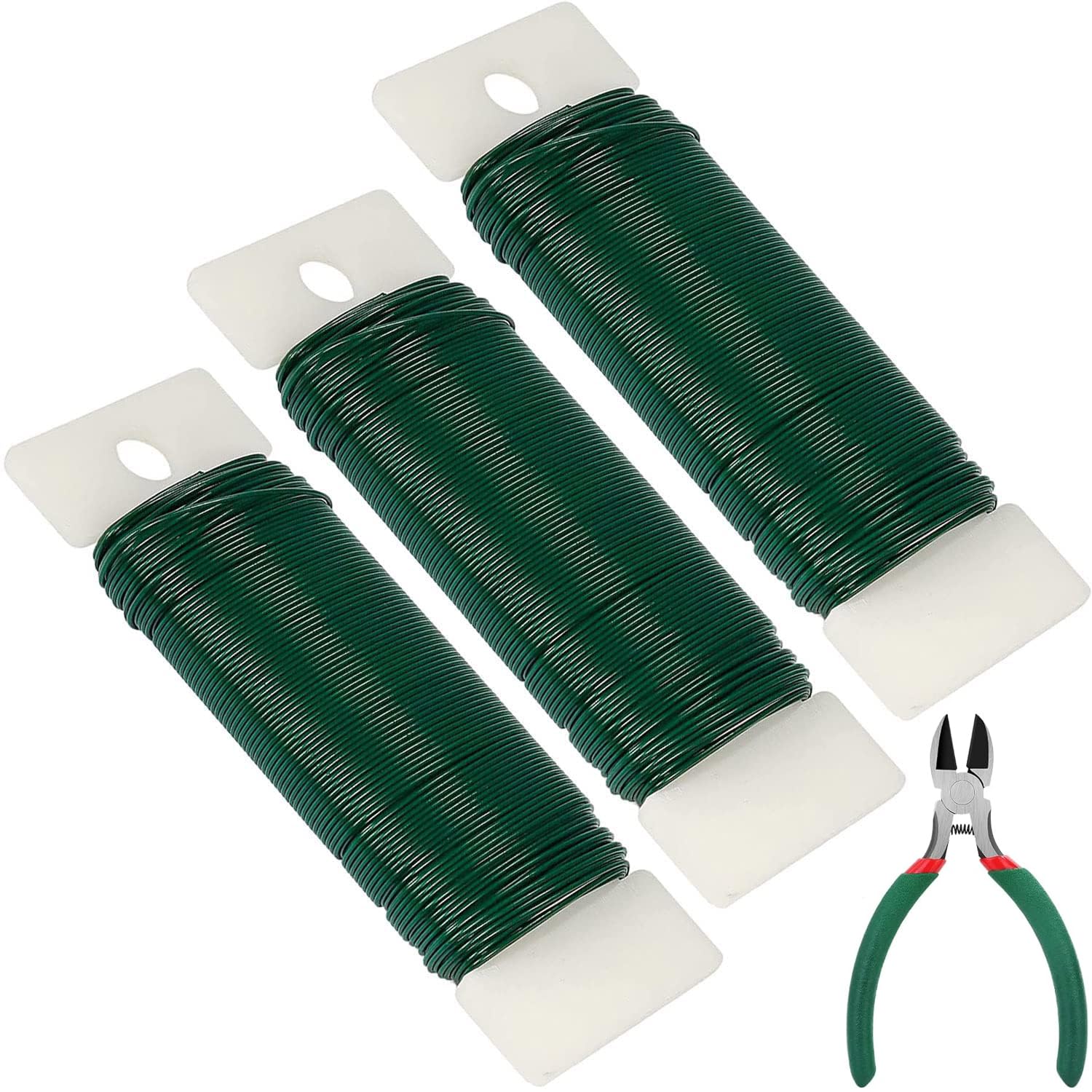 JIUDONE 3 Pack 125 Yards Green Floral Wire 22 Gauge With Cutter - Flexible Craft Paddle Wire for Wreaths, Crafts, Christmas Trees, Garlands and Floral Arrangements