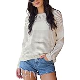 CUPSHE Women's Fall Lightweight Oversized Crew Neck Pullover Crochet Hollow Out Long Sleeve Sweater Top