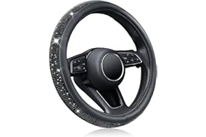 KAFEEK Diamond Leather Steering Wheel Cover with Bling Bling Crystal Glitter Rhinestones, Universal 15 inch, Car Accessories for Women Girl, Black Microfiber Leather Black Diamond