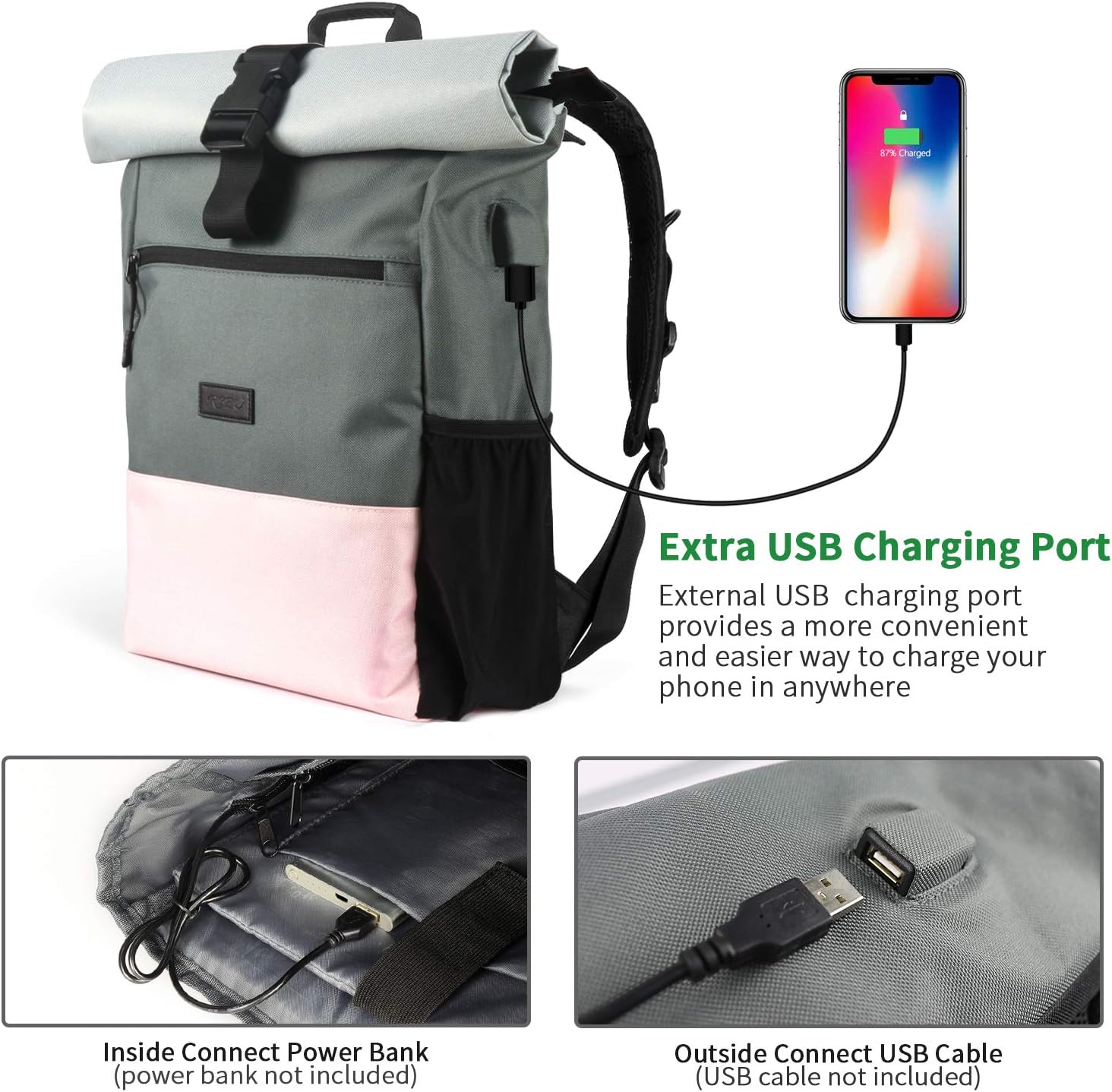 RJEU Laptop Backpack 17.3" Computer, Pink Gray, fits for 17in laptop - Image 4