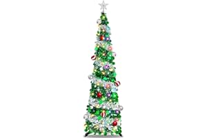 TURNMEON 6 FT Pop Up Christmas Tree with 100 Warm White & Multicolor Lights Lights &Timer, Green Christmas Tinsel Tree, Collapsible Artificial Pencil Tree for Home Party Decor, Battery Powered, Easy Assembly