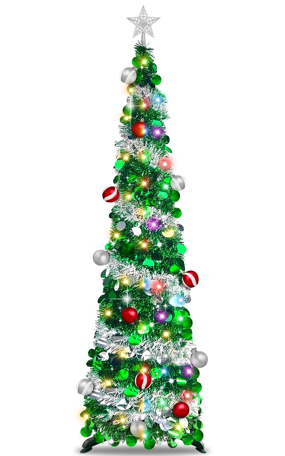Photo 1 of 6 FT Pop Up Christmas Tree with 100 Warm White & Multicolor Lights Lights &Timer, Green Christmas Tinsel Tree, Collapsible Artificial Pencil Tree for Home Party Decor, Battery Powered, Easy Assembly