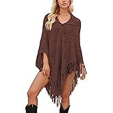 Women Fringe Poncho Cape Knit Hollow Out Shawl Wrap Soft Oversized Sweater Top Fashion Boho Western Country Outfits