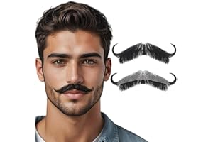 KRFAPT Fake Mustache Realistic Handlebar Style - 100% Human Hair with Lace Front, Halloween Costume, Cosplay for Men & Women