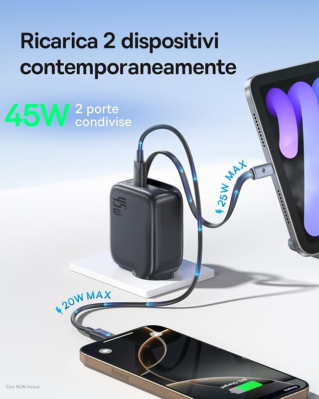 Caricatore USB C da 45 W, Baseus Enercore con cavo USB C, caricatore iPhone iPad, alimentatore di rete per iPhone 17/16/15/14/13/12/11 Pro Max Air, Samsung Galaxy S25, Pixel, cavo estraibile