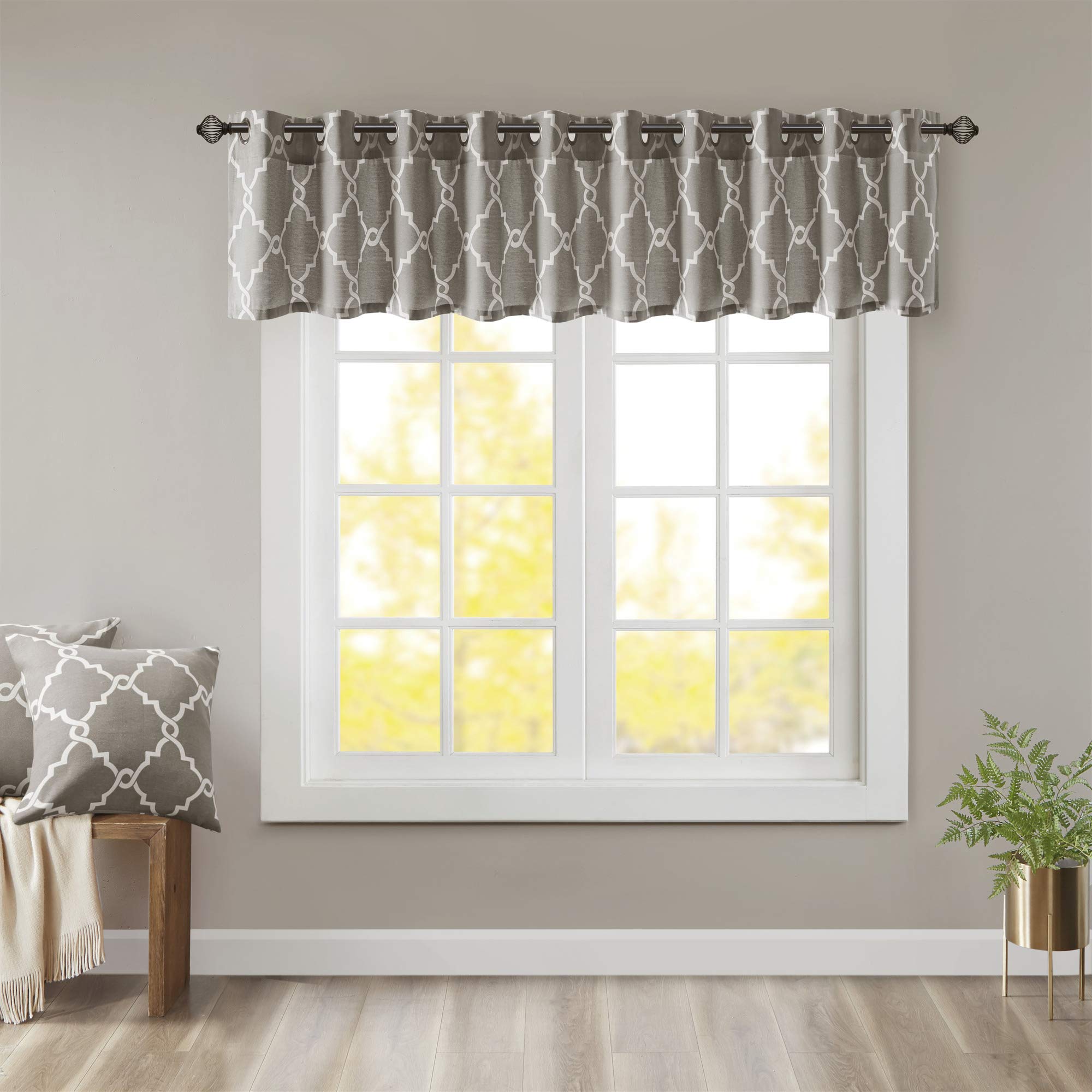 Madison Park Window Curtain Light Filtering Fretwork Print 1 Panel Grommet Top Drapes/Valance for Living Room Bedroom and Dorm, Polyester Blend, Grey, 18" W x 50" L (Pack of 1)