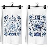 Ghoaoivo Blue and White Chinoiserie Floral Kitchen Dish Towels, Grandmillennial Traditional Chinese Porcelain Decorative Hand Tea Towels for Kitchen Bathroom, 16x24 Inch Set of 2