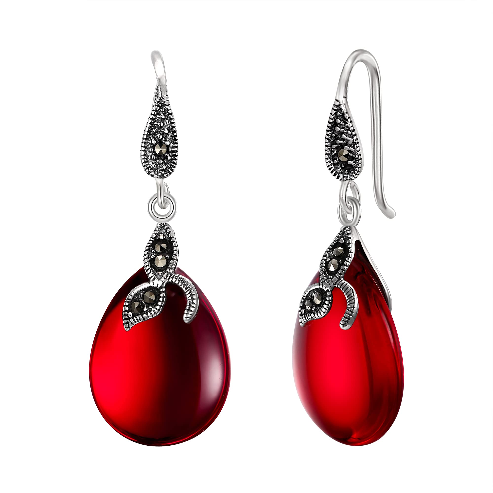 EVER FAITH Red Earrings for Women, 925 Sterling Silver Natural Red Chalcedony Art Deco Vintage Leaf Teardrop Stone Drop Dangle Hook Earrings Jewellery Gifts