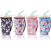 4 Pack Iced Coffee Sleeve,reusable Neoprene Cup Sleeves Suitable For Beverage Sleeves For Hot And Cold Coffee Or Ice Drink Coffee cup sleeve for Starbucks coffee cup (Cute flowers 30-32 OZ)