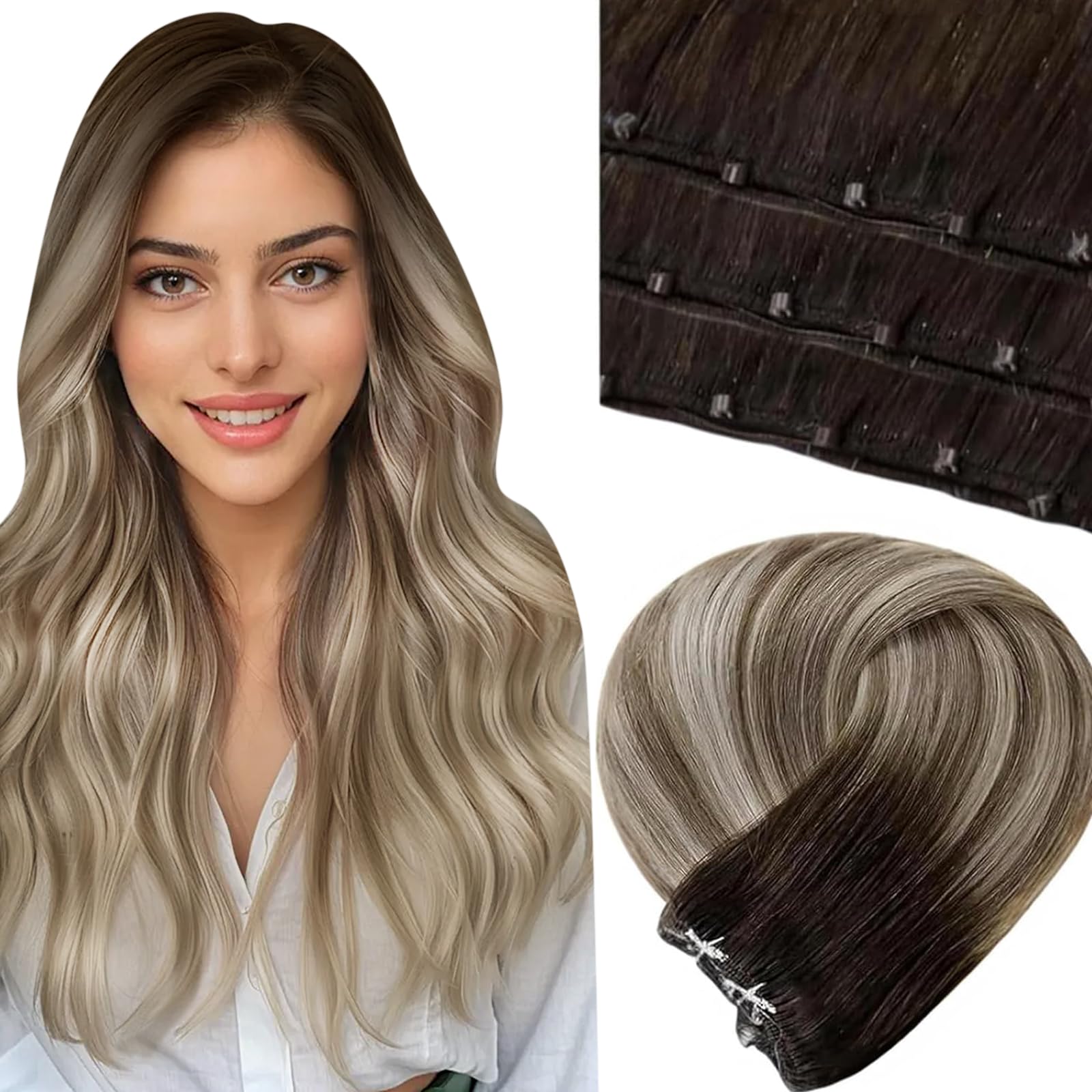 LaaVoo Beaded Weft Extensions Balayage Brown to Blonde Beaded Weft Hair Extensions Real Human Hair Micro Beads Hair Extensions Brown to Light Brown Mix Blonde 22inch 50g