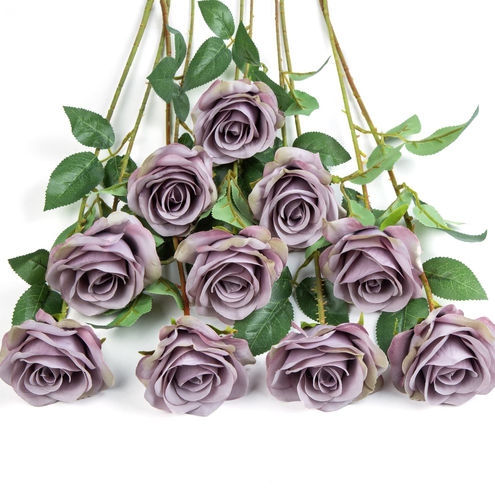 DuHouse 10Pcs Artificial Roses Fake Silk Flowers Realistic Bridal Bouquets with Single Long Plastic Stems for Arrangement Wedding Table Centerpiece Party Home Decor(Fall Purple) — image 1