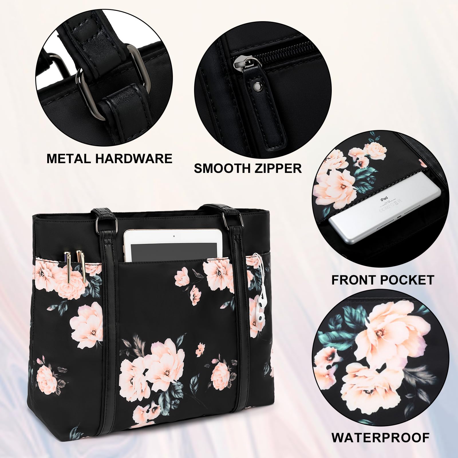 Laptop Tote Bag Womens Work Bags Purse Floral Teacher Handbag Shoulder Bag fit 15.6 in Laptop (Black - Peony Floral)
