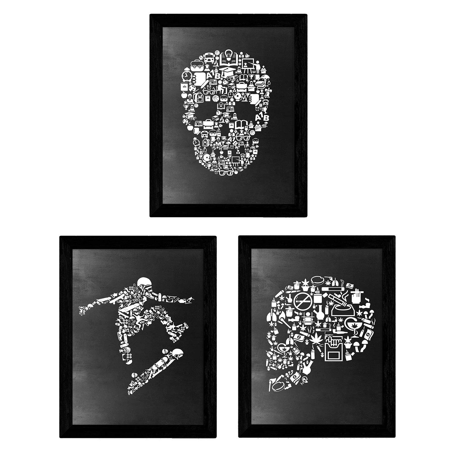 Nacnic Set of three black and white sheets in September skulls and black background skateTamaño A3 Poster unframed slate style