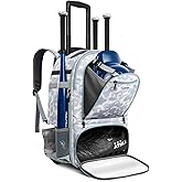 AUROTIER Rolling Baseball Backpack with Off-road Wheels, Wheeled Catchers Gear Bag for Baseball Equipment, 4 Bats, Large Softball Bag for TBall, Helmet & Accessories with Fence Hook