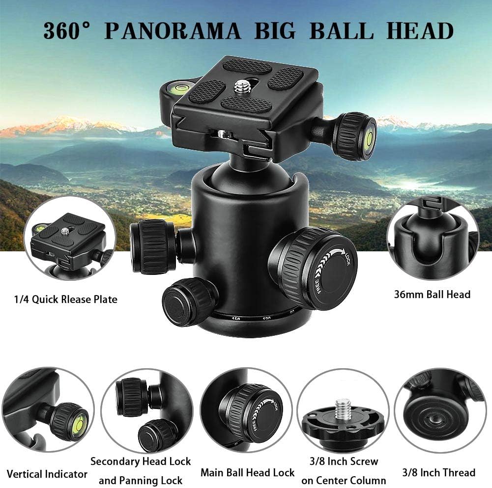 Camera Tripod & Monopod for DSLR, 62'' Professional Horizontal Arm Tripod with 360° Rotatable Metal Ball Head, 4 Sections Compact Aluminum Alloy Tripod for for Canon Nikon Sony Olympus Fuji Projector. : Camera & Photo