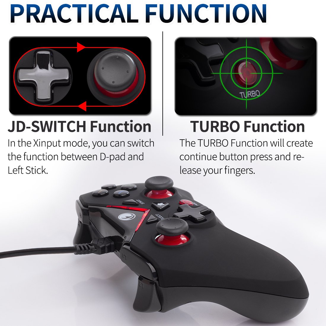 V-one Wired USB Gaming Controller Gamepad Joystick for PC (Windows XP/7/8/10/11) & Steam & Android & PS3 - Red