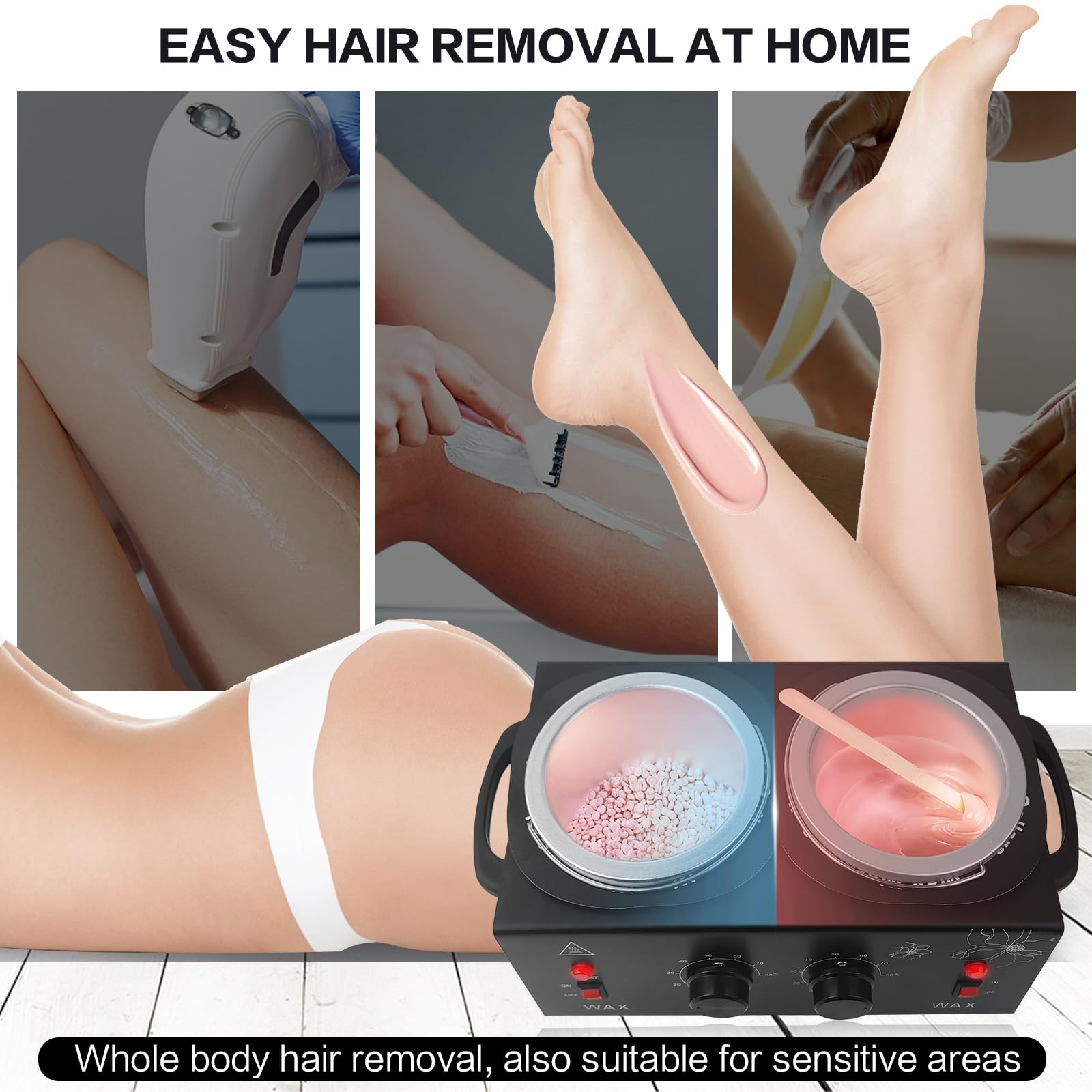 Portable Wax Warmer Machine for Painless Hair Removal, Women Men Professional Wax Heater with Adjustable Temperature Set, 40pcs Sticks, 2 Silicone Bowls (Black - Double Pots)