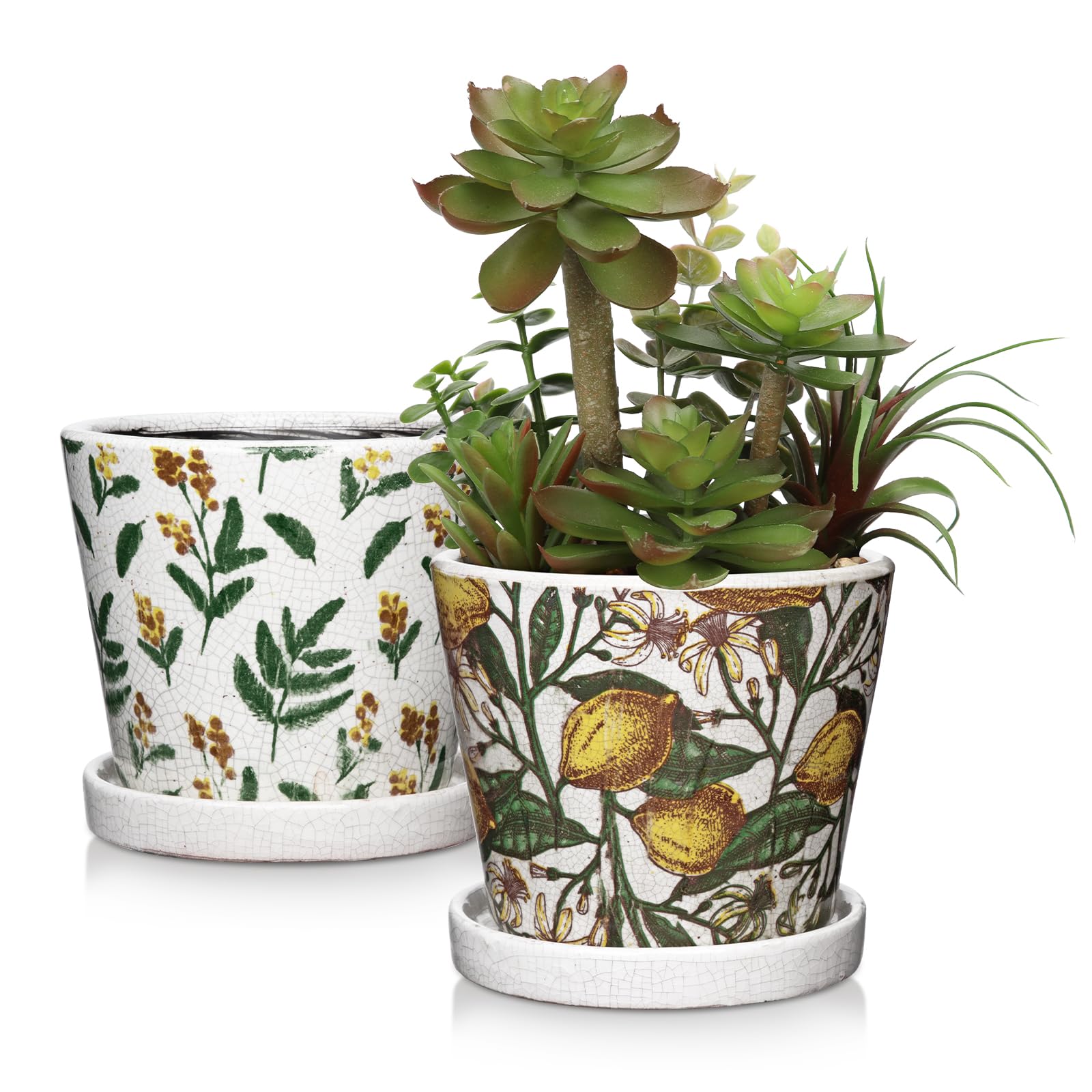 Oairse Set of 2 Ceramic Planter 14CM Ceramic Plant Pots Indoor with Drainage Holes and Saucers Tray Decorative Flower Pots Garden Pot for Succulent Cactus House Plants - Green, Yellow