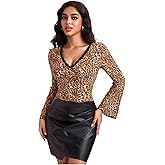 Floerns Women's Floral Print Flare Sleeve Lace Trim Mesh Crop Top Tee Shirts