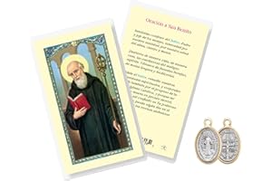 Trendzeen San Benito Medalla - Oracion De San Benito - 1 Inch Made in Italy Saint Benedict Medal, Spanish Saint Benedict Prayer Card - St Benedict Medal, Catholic Cards Set - 2 Items Total