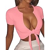 BORIFLORS Women's Sexy Tie Up Crop Top Short Sleeve Deep V Neck Casual Basic T Shirt