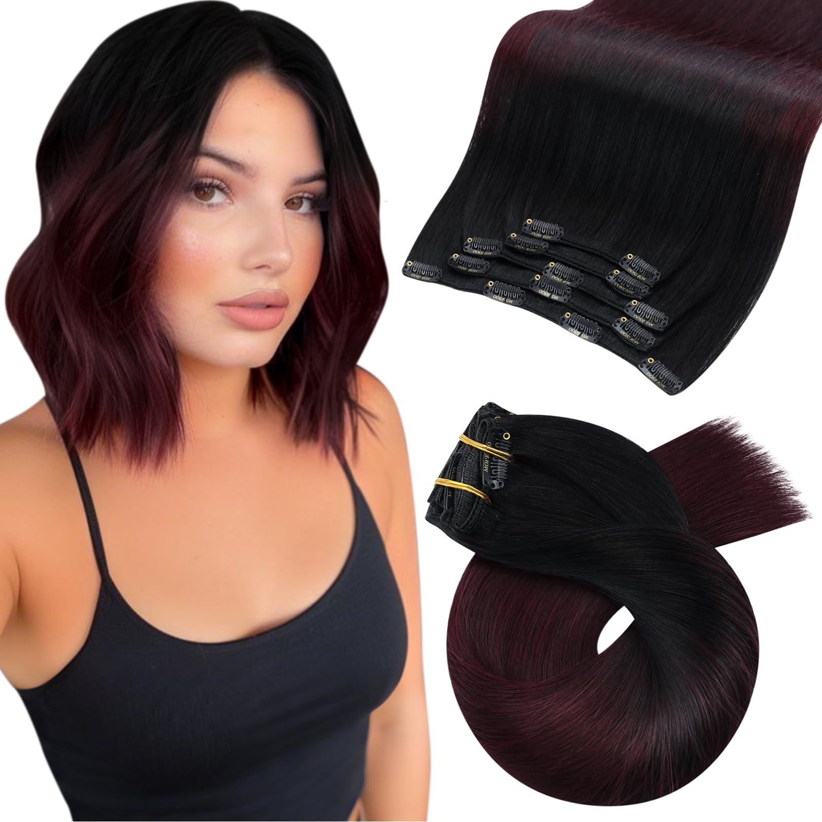 Moresoo Clip in Hair Extensions Real Human Hair Off Black Root Ombre Wine Red Clip in Hair Extensions Remy Straight Balayage Burgundy 10 Inch 5 Pieces/80g #1B/99J — image 1