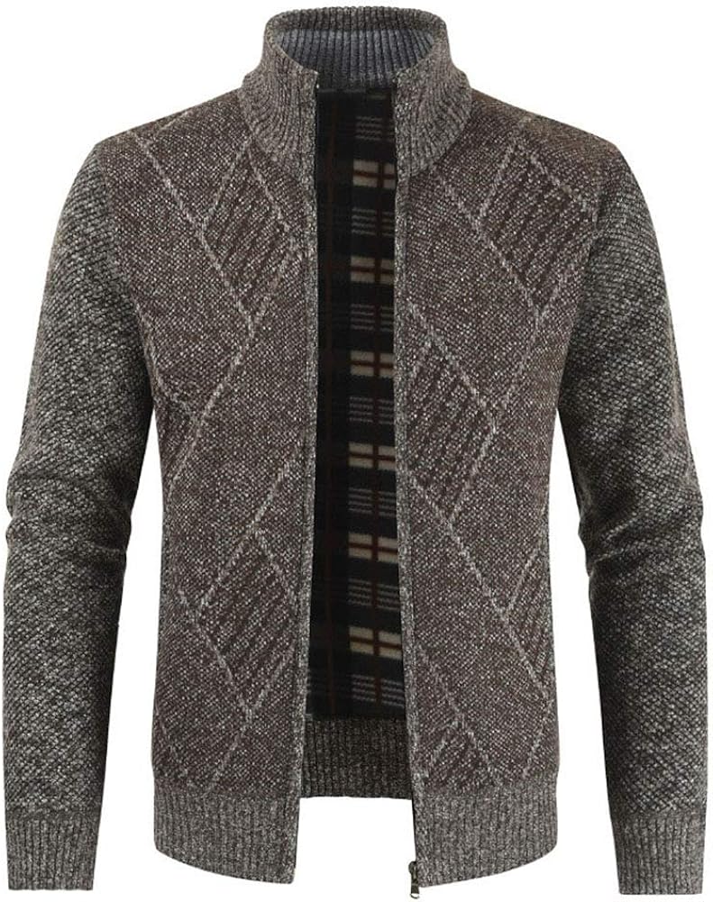 Men Jacquard longSleeved Zip Up Chunky Knit Jacket Cardigan Sweater