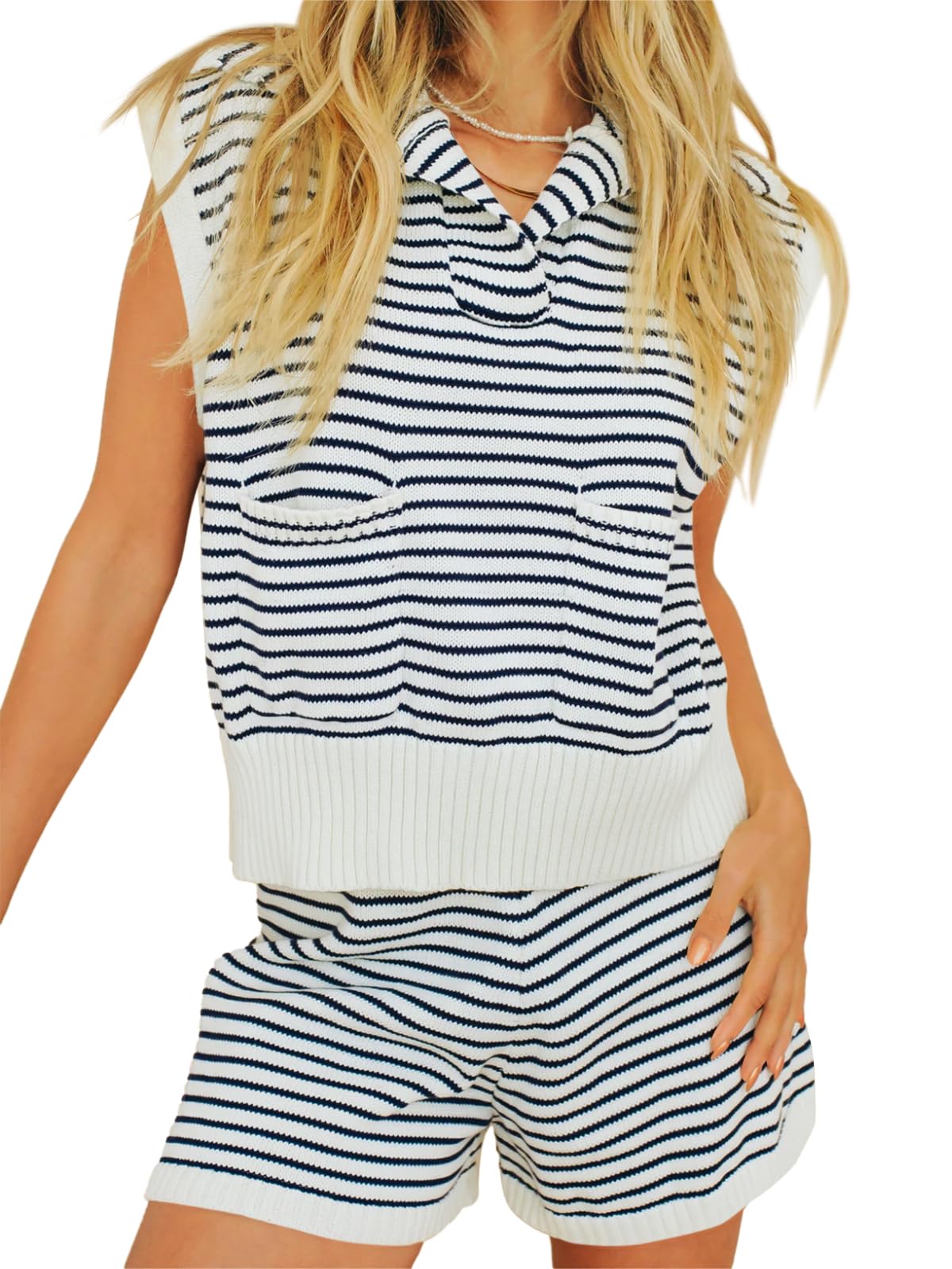 Photo 1 of (BAGGED) (USED/FAIR) Imily Bela Womens 2 Piece Outfits Sweater Sets Striped Knit Sleeveless Pullover Top Shorts Lounge Set White