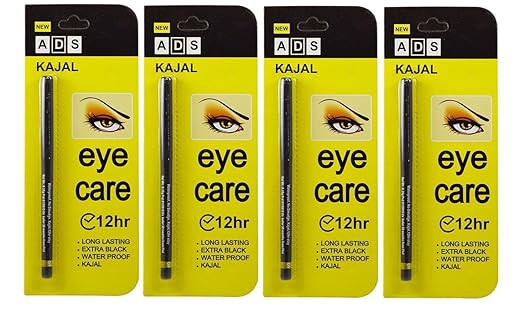 MJ TRADERS ADS EYECARE KAJAL PENCIL, 12 HOUR. EXTRA BLACK. LONG LASTING. WATER PROOF. KAJAL (PACK OF FOUR)