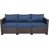 Rattaner 3-Seat Patio Wicker Sofa, Outdoor Rattan Couch Furniture Steel Frame with Furniture Cover and Deep Seat High Back, Blue Anti-Slip Cushion.