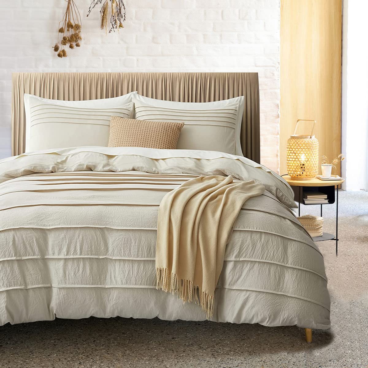 Lanqinglv Double Duvet Cover Set Beige Tufted Embroidery Shabby Chic Bedding Set Washed Microfiber Striped Boho Style Quilt Cover with Zipper Closure and 2 Pillowcases 50x75cm