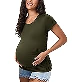 Happy.angel Maternity Shirts Short Sleeves Women's Pregnancy Top Tees Crew Neck Side Ruched Tunic Blouses Summer Clothes