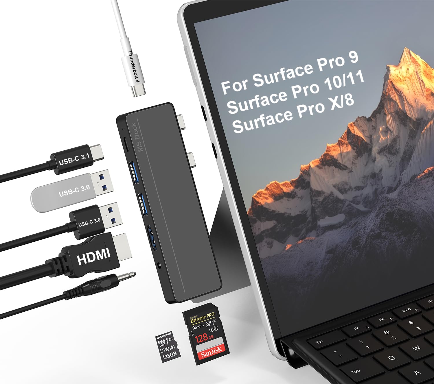 Photo 1 of *only 1* Surface Pro 8/9/X/10/11 Docking Station - Surface Pro 11 USB C Adapter Multiport Hub with 4K HDMI, Thunderbolt 4, USB 3.0, SD/TF Reader, 3.5mm Audio Surface Pro Copilot Accessories
