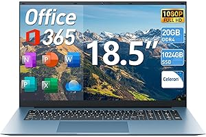 Naclud Laptop, 18.5 Inch Laptops, 20GB RAM 128GB EMMC+1024GB SSD Ordinateur Portable with Office 365, Celeron Quad-Core, Wind