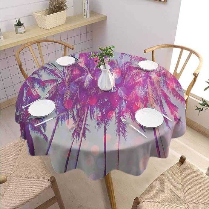 DILITECK Nature Modern Round Tablecloth Palm Trees Hawaiian Tropic Seashore Beach Californian Miami Sunbeams Image Picnic Diameter 70" Fuchsia Purple Green