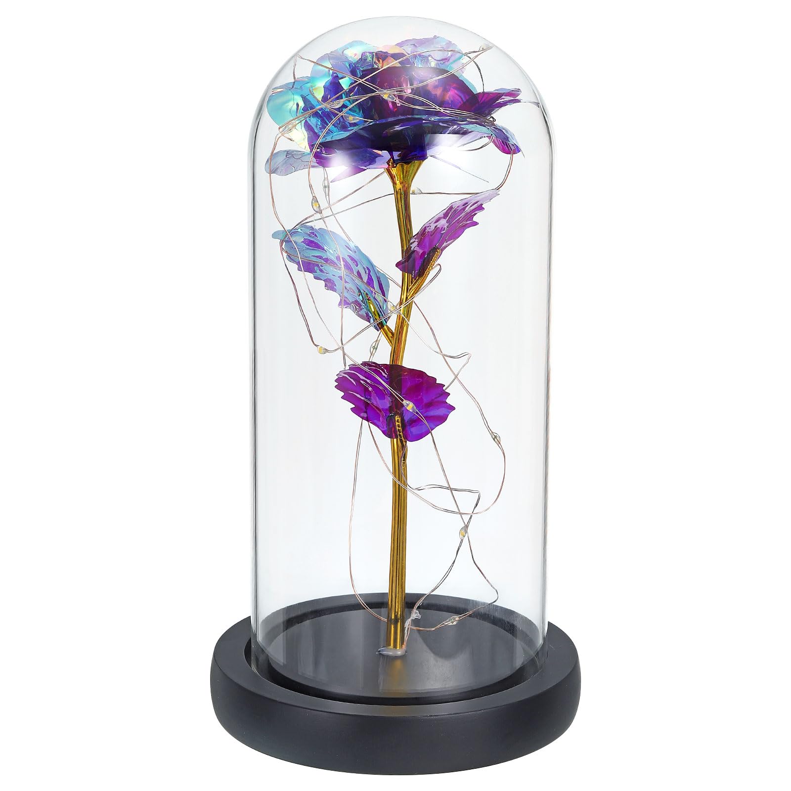 PATIKIL Roses Flower in Glass Dome, Crystal Flower Gifts Display with LED Fairy Light for Tabletop Centerpiece Christmas Wedding Decor, Purple